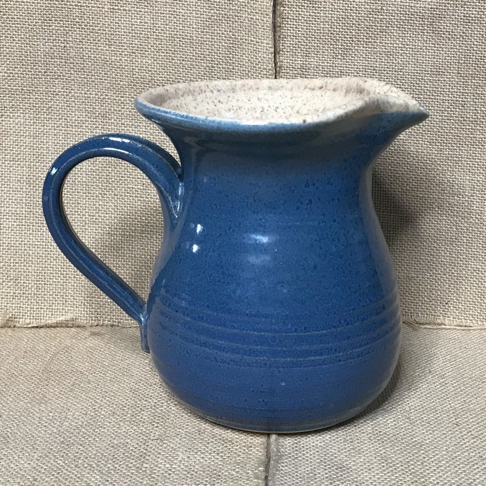 Blue Speckled Pottery Pitcher Vase Rustic Cottage Core Farmhouse Coastal Beach